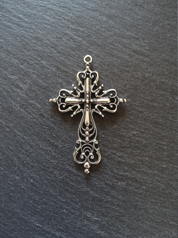 1 or 5 Large Ornate Antique Silver Tone Gothic Crucifix Pendants 64x42mm