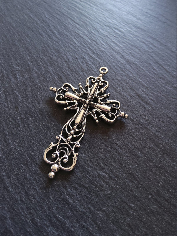 1 or 5 Large Ornate Antique Silver Tone Gothic Crucifix Pendants 64x42mm