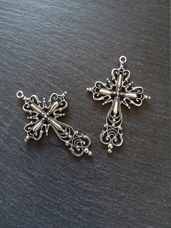 1 or 5 Large Ornate Antique Silver Tone Gothic Crucifix Pendants 64x42mm