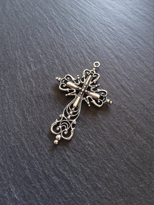 1 or 5 Large Ornate Antique Silver Tone Gothic Crucifix Pendants 64x42mm