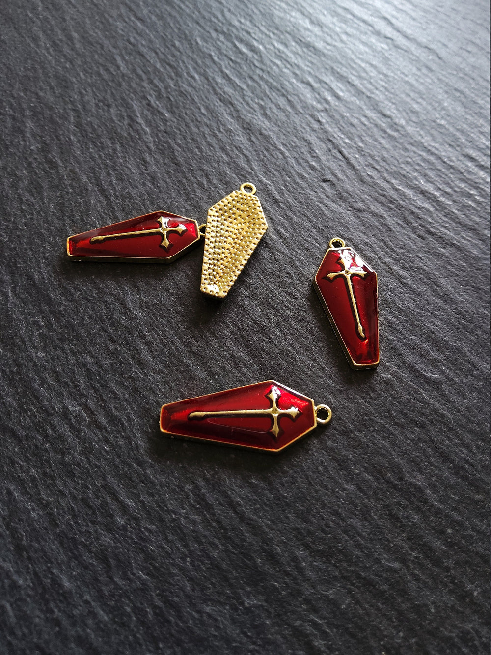 6 or 30 Coffin Shaped Pale Gold Cross Pendant with Red Enamel 25x11x3mm