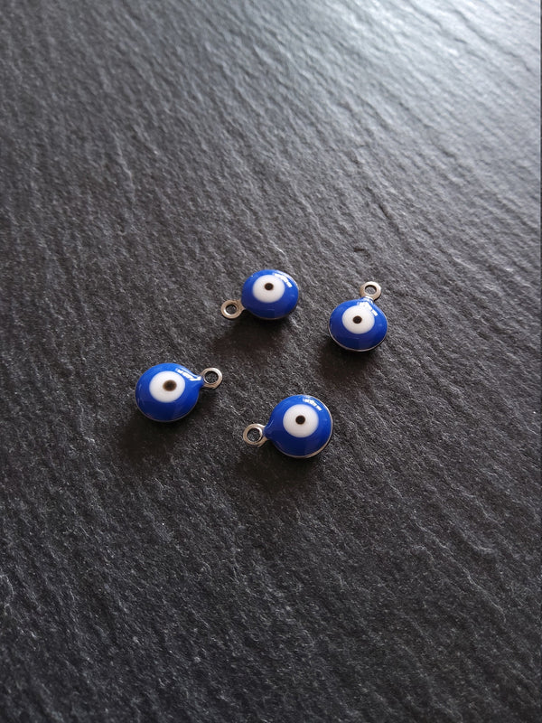 6 or 30 Evil Eye Charms Stainless Steel with Blue & White Enamel Double Sided 11x8x3mm