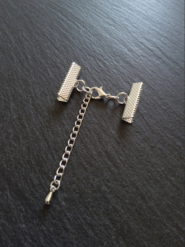 5 or 25 Silver Plated Crimp End Sets for 22mm (7/8") Wide Ribbon Chokers with Extender Chain - ContentedCatz