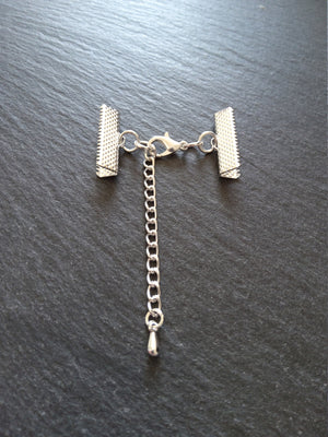 5 or 25 Silver Plated Crimp End Sets for 22mm (7/8") Wide Ribbon Chokers with Extender Chain - ContentedCatz