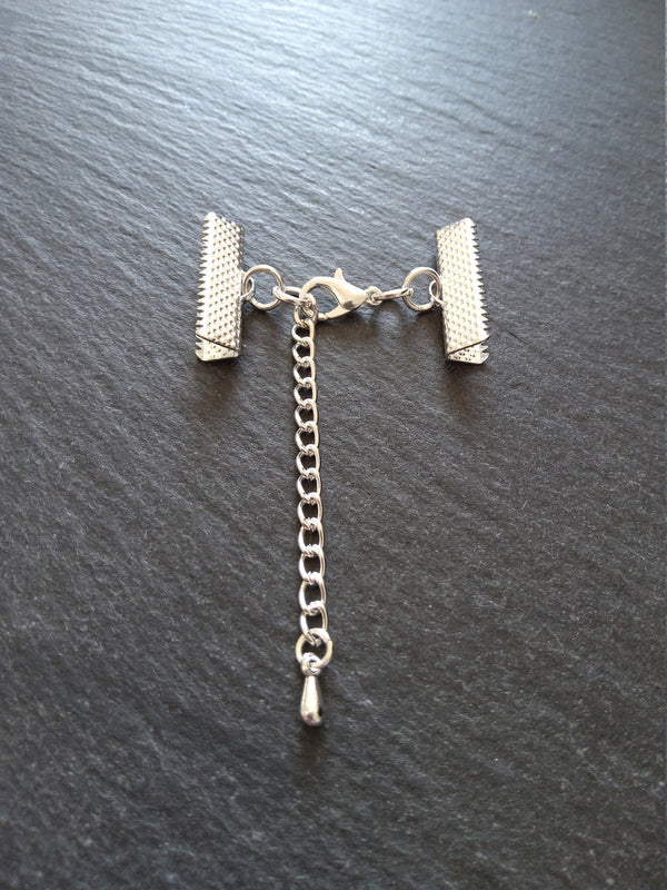 5 or 25 Silver Plated Crimp End Sets for 22mm (7/8") Wide Ribbon Chokers with Extender Chain - ContentedCatz