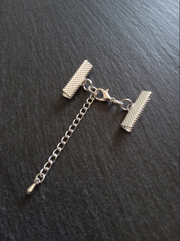 5 or 25 Silver Plated Crimp End Sets for 22mm (7/8") Wide Ribbon Chokers with Extender Chain - ContentedCatz
