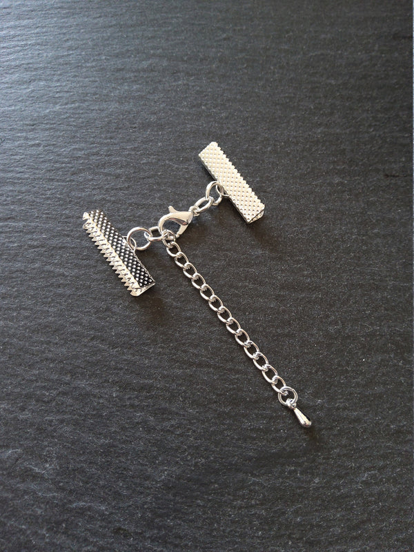 5 or 25 Silver Plated Crimp End Sets for 22mm (7/8") Wide Ribbon Chokers with Extender Chain - ContentedCatz