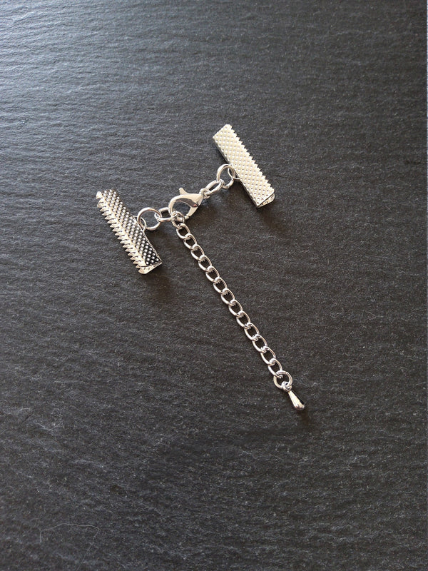 5 or 25 Silver Plated Crimp End Sets for 22mm (7/8") Wide Ribbon Chokers with Extender Chain - ContentedCatz