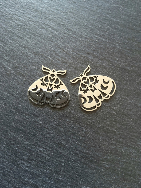 1 or 5 Stainless Steel Moth Pendant Charm Flat 30x28mm