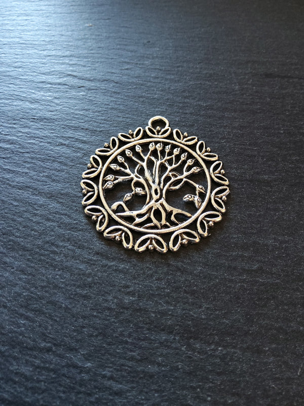 2 or 10 Large Round Tree of Life Pendants. Antique Silver Tone Alloy 51x36mm