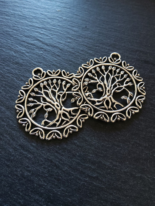 2 or 10 Large Round Tree of Life Pendants. Antique Silver Tone Alloy 51x36mm