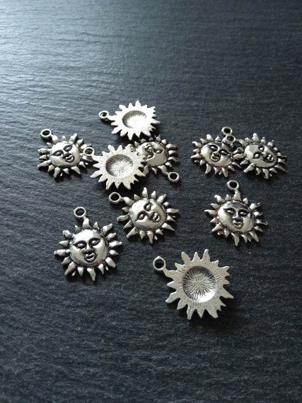 10 or 50 Sun Face Charms Antique Silver Tone 23x19mm