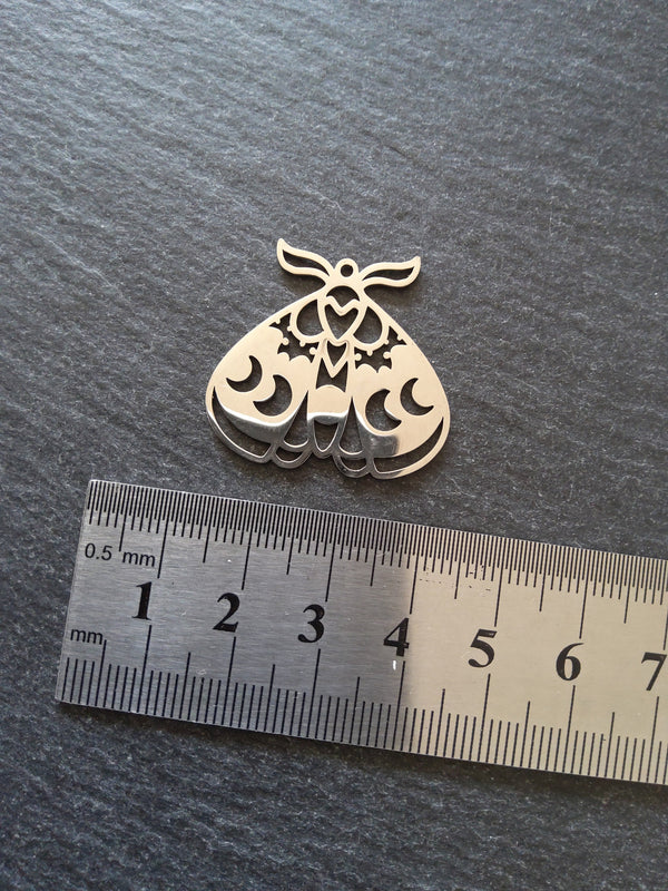 1 or 5 Stainless Steel Moth Pendant Charm Flat 30x28mm