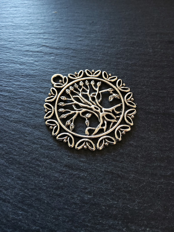 2 or 10 Large Round Tree of Life Pendants. Antique Silver Tone Alloy 51x36mm