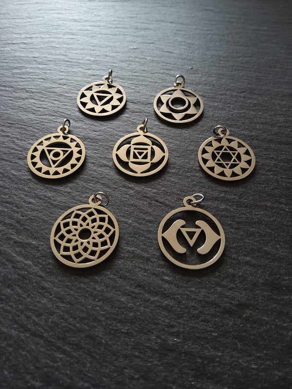 Set of 7 Stainless Steel Chakra Solar Charms Flat 22x19mm - ContentedCatz