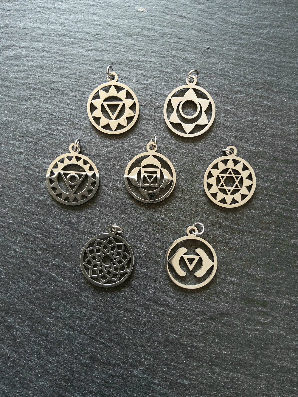 Set of 7 Stainless Steel Chakra Solar Charms Flat 22x19mm - ContentedCatz
