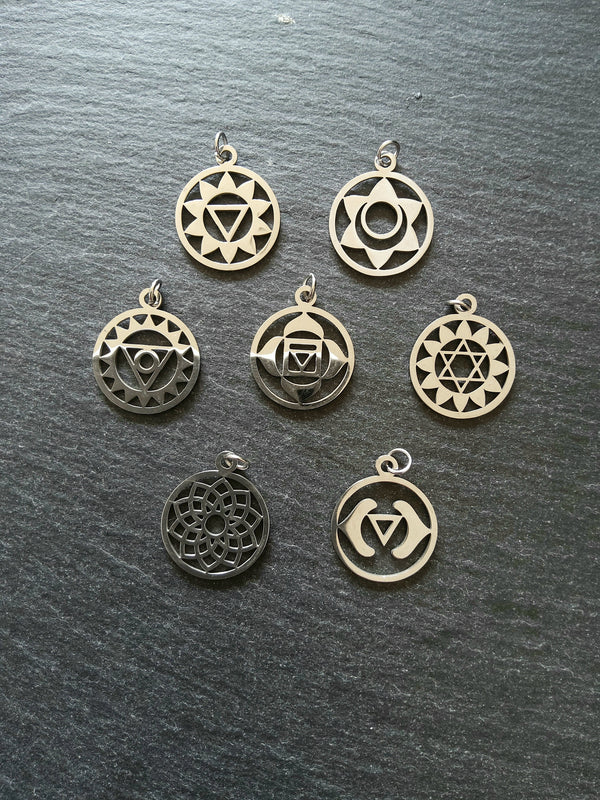 Set of 7 Stainless Steel Chakra Solar Charms Flat 22x19mm - ContentedCatz