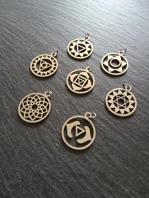 Set of 7 Stainless Steel Chakra Solar Charms Flat 22x19mm - ContentedCatz