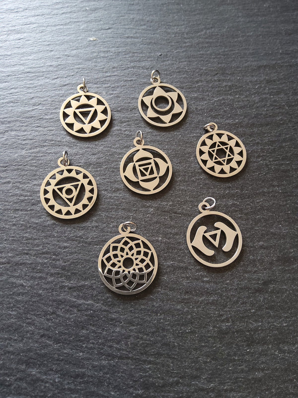 Set of 7 Stainless Steel Chakra Solar Charms Flat 22x19mm - ContentedCatz