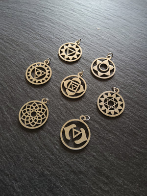 Set of 7 Stainless Steel Chakra Solar Charms Flat 22x19mm - ContentedCatz