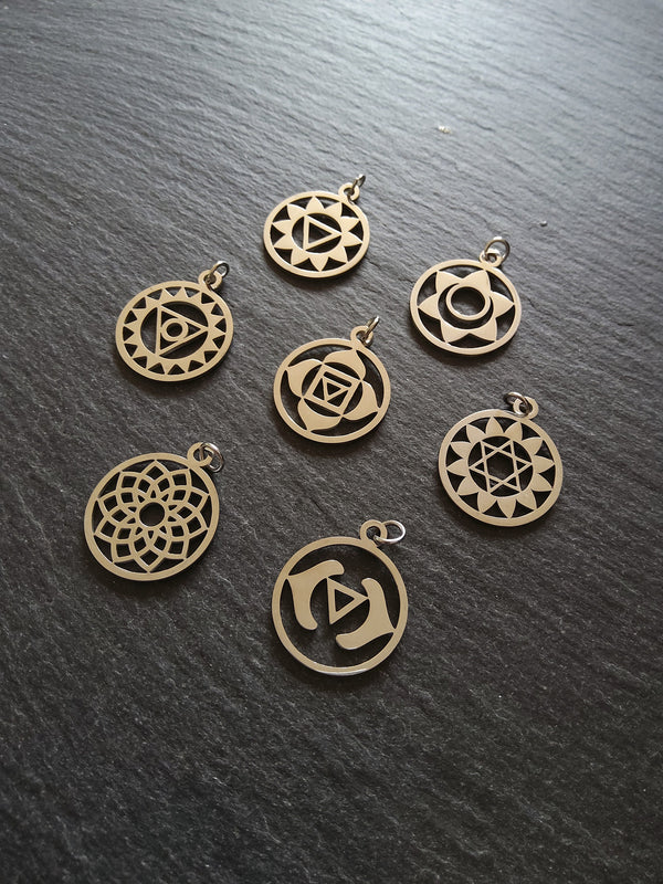 Set of 7 Stainless Steel Chakra Solar Charms Flat 22x19mm - ContentedCatz