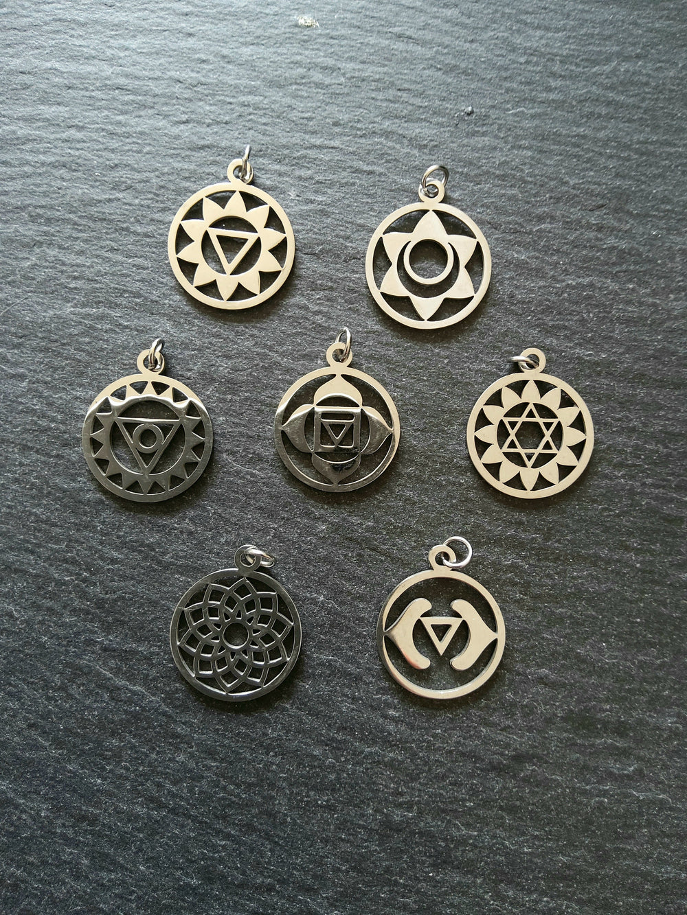 Set of 7 Stainless Steel Chakra Solar Charms Flat 22x19mm - ContentedCatz