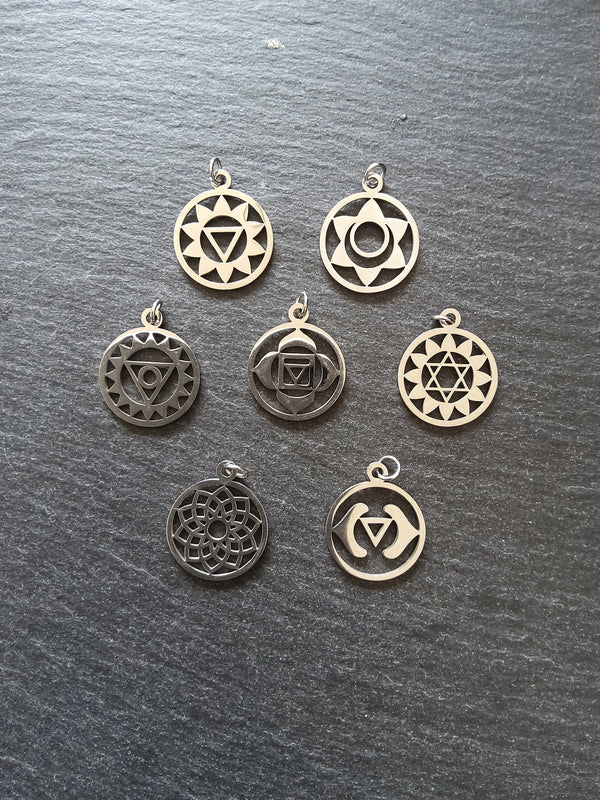 Set of 7 Stainless Steel Chakra Solar Charms Flat 22x19mm - ContentedCatz