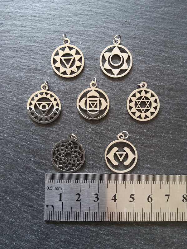 Set of 7 Stainless Steel Chakra Solar Charms Flat 22x19mm - ContentedCatz