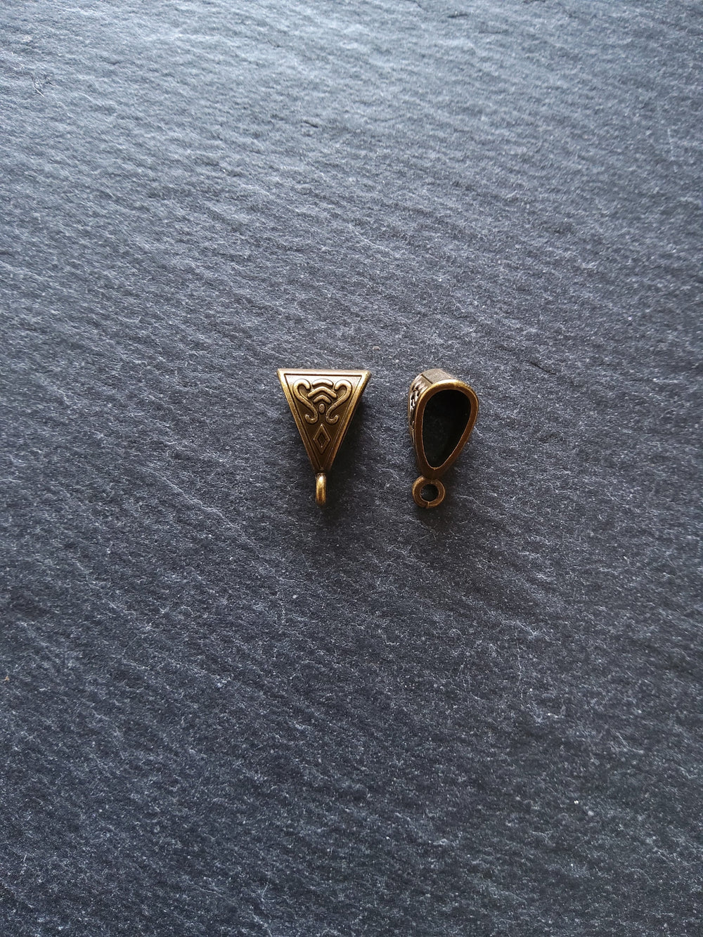 20 or 100 Triangular Bail Beads Antique Bronze Tone Alloy Patterned 15x10x7mm