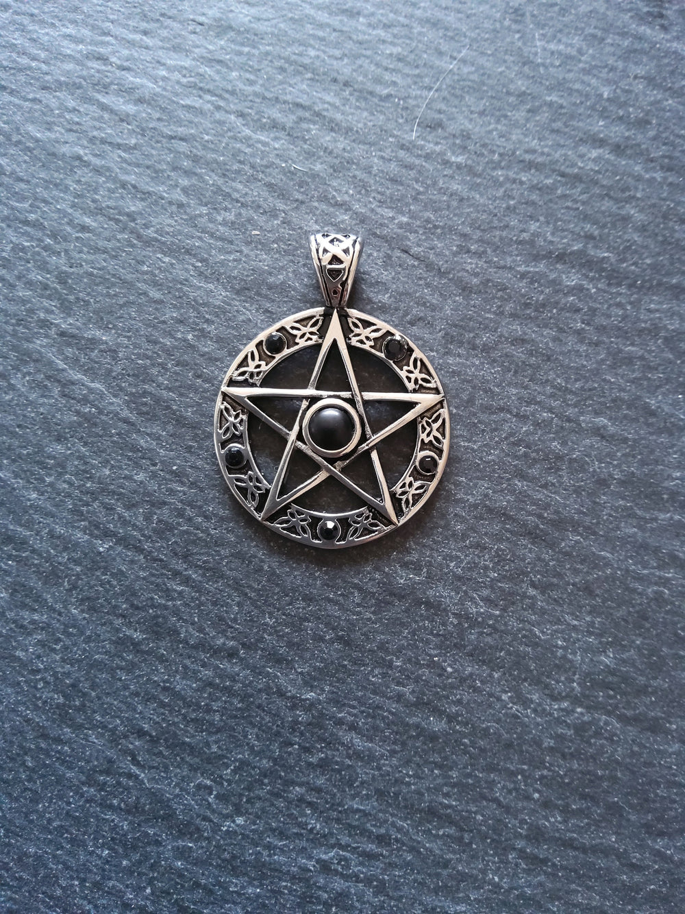Pentagram Pendant Surgical Steel with Black Cabochon & Rhinestones 37x28mm