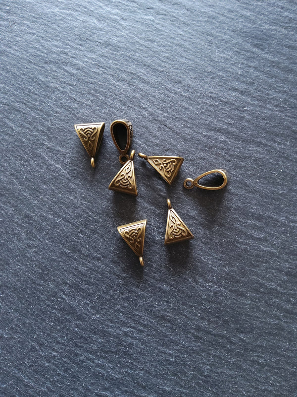 20 or 100 Triangular Bail Beads Antique Bronze Tone Patterned 15x10x7mm