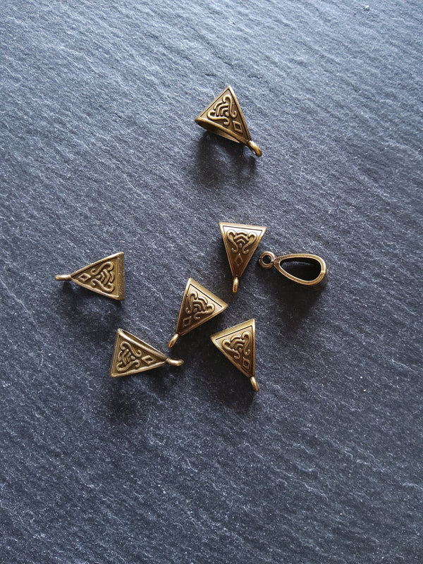 20 or 100 Triangular Bail Beads Antique Bronze Tone Patterned 15x10x7mm