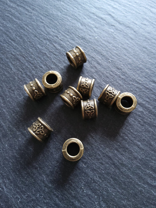 6 or 30 Celtic Knot Beads Antique Bronze Tone Triquetra Design Cylinder Charm 11x8mm. Large 6mm Hole. Nickel FREE