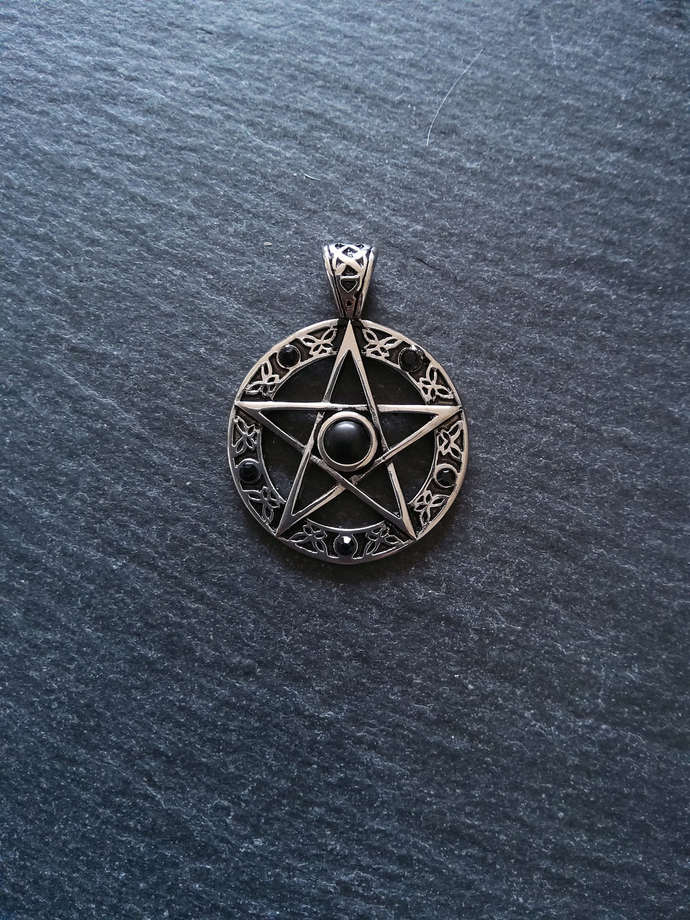 Pentagram Pendant Stainless Steel with Black Cabochon 37x28mm