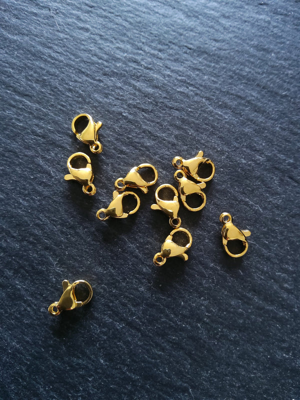 6 or 30 Stainless Steel 9mm Lobster Clasps Genuine 24K Gold Plated 9x5x2.5mm Hole: 1mm