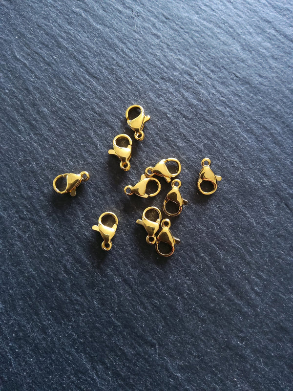 6 or 30 Stainless Steel 9mm Lobster Clasps Genuine 24K Gold Plated 9x5x2.5mm Hole: 1mm
