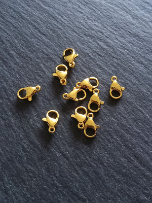 6 or 30 Stainless Steel 9mm Lobster Clasps Genuine 24K Gold Plated 9x5x2.5mm Hole: 1mm