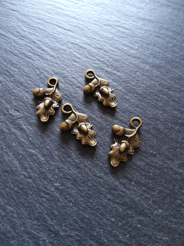 Small Acorn Oak Leaf Charms Antique Bronze Tone 22x12mm