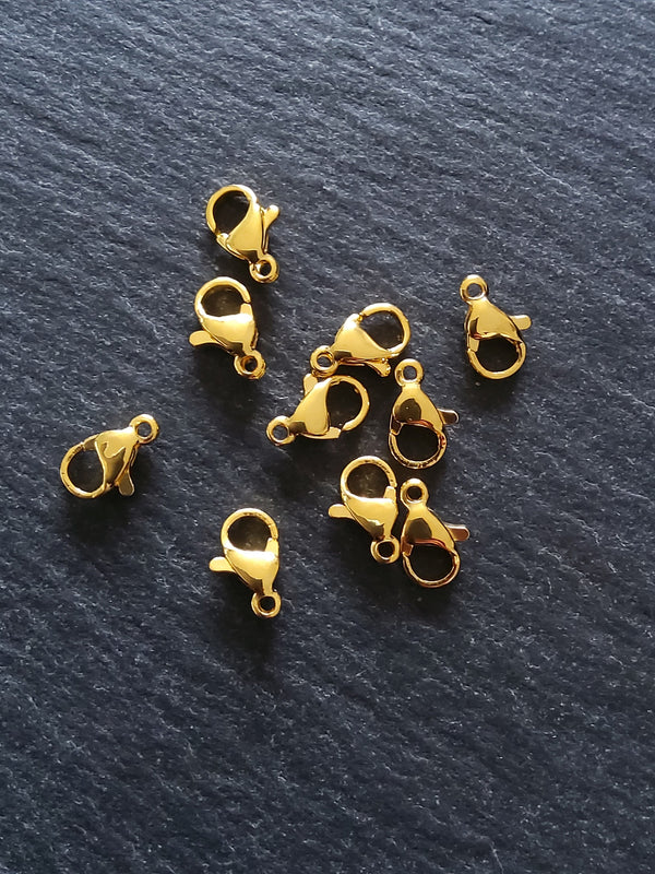 6 or 30 Stainless Steel 9mm Lobster Clasps Genuine 24K Gold Plated 9x5x2.5mm Hole: 1mm