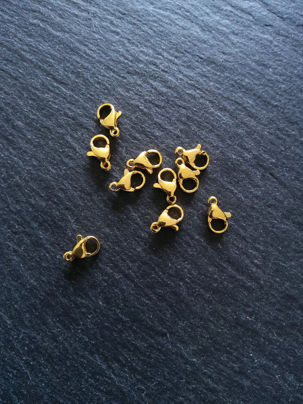 6 or 30 Stainless Steel 9mm Lobster Clasps Genuine 24K Gold Plated 9x5x2.5mm Hole: 1mm