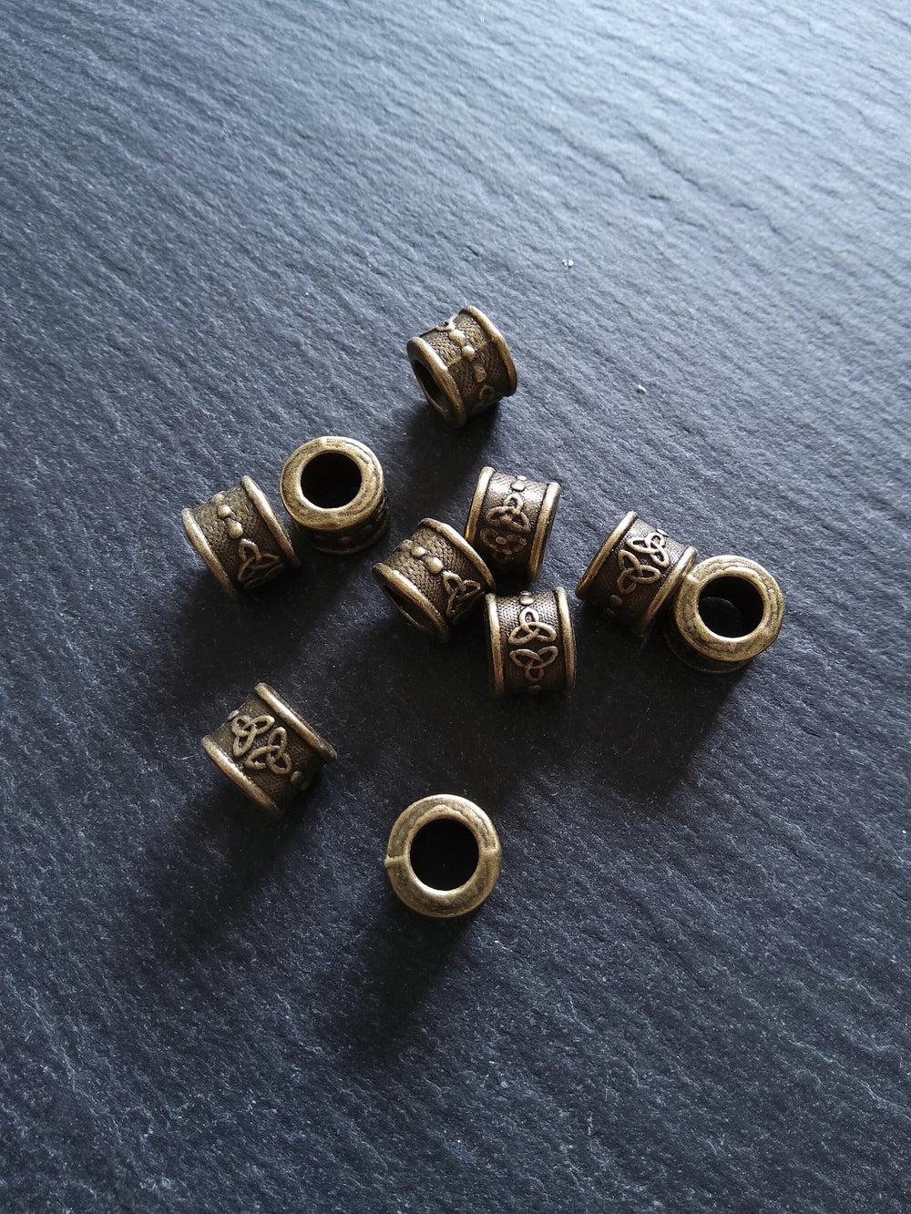 Celtic Knot Beads Antique Bronze Tone Triquetra Design Cylinder Charm 11x8mm. Large 6mm Hole. Nickel FREE