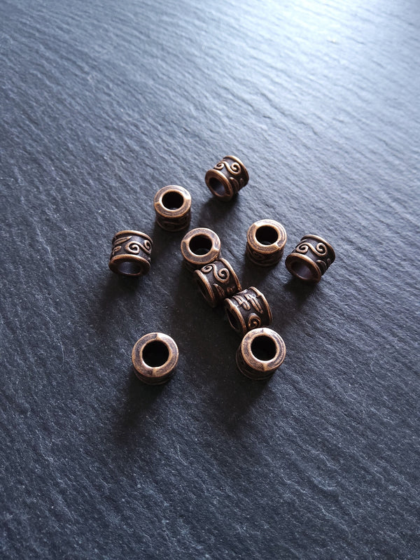 10 or 50 Antique Copper Tone 9mm Column Spacer Beads Scroll Design 9x7mm Large Hole: 5mm