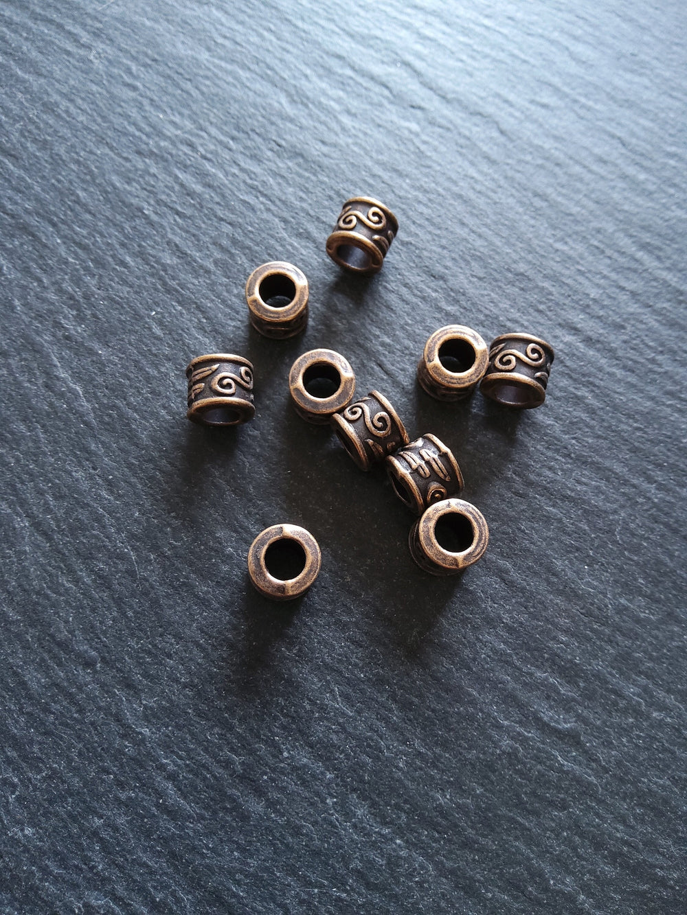 10 or 50 Antique Copper Tone 9mm Column Spacer Beads Scroll Design 9x7mm Large Hole: 5mm