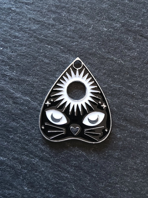4 or 20 Silver Tone Ouija Cat Sun Planchette Charms with Black & White Enamel 26x22mm - ContentedCatz
