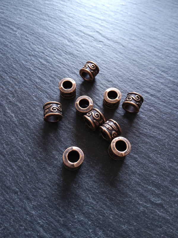 10 or 50 Antique Copper Tone 9mm Column Spacer Beads Scroll Design 9x7mm Large Hole: 5mm