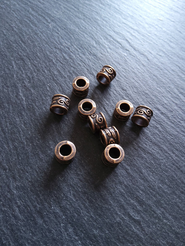 10 or 50 Antique Copper Tone 9mm Column Spacer Beads Scroll Design 9x7mm Large Hole: 5mm