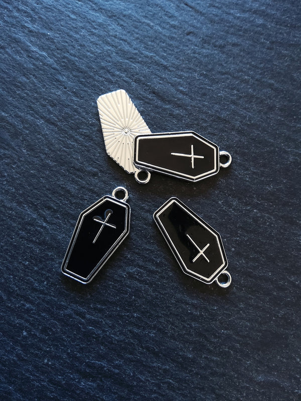 4 or 20 Coffin Charms Silver Tone Alloy & Black Enamel 23x13mm - ContentedCatz
