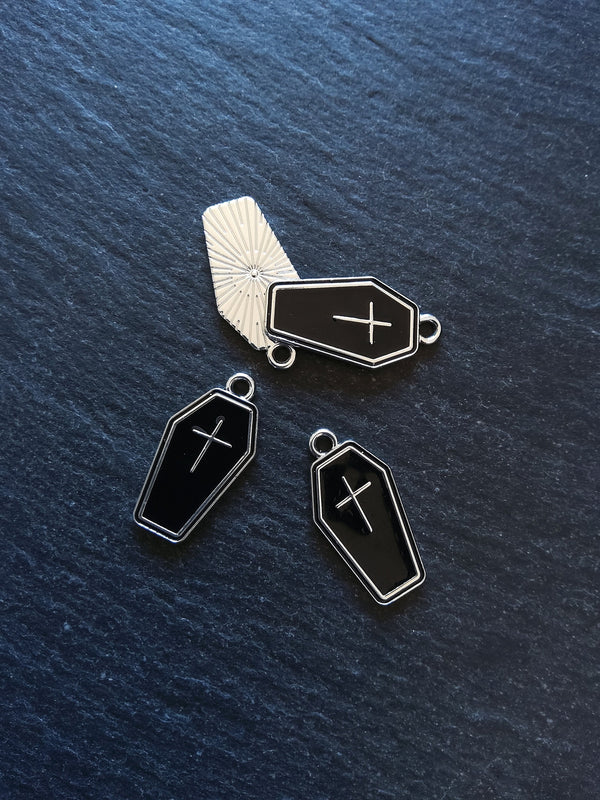 4 or 20 Coffin Charms Silver Tone Alloy & Black Enamel 23x13mm - ContentedCatz