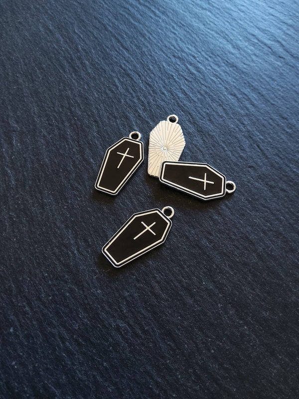 4 or 20 Coffin Charms Silver Tone Alloy & Black Enamel 23x13mm - ContentedCatz