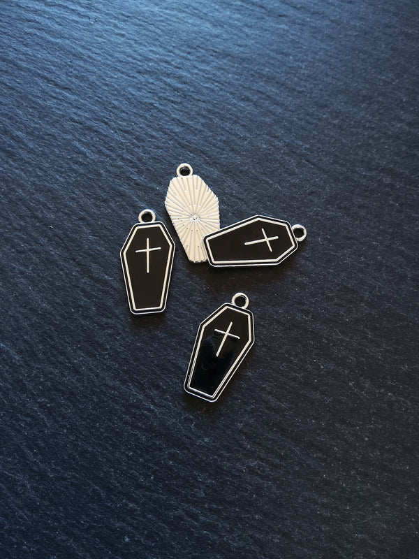 4 or 20 Coffin Charms Silver Tone Alloy & Black Enamel 23x13mm - ContentedCatz